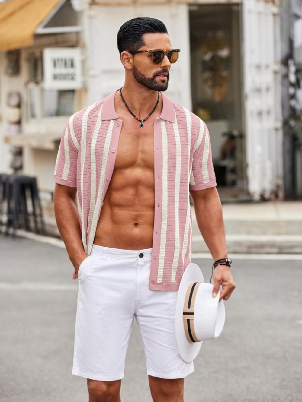 Men's Pink & Beige Knit Striped Polo Short Sleeve Summer Beach Casual Shirt - Picture 2 of 6